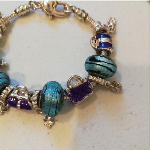 (4) 925 Murano Glass Beads Enameled Bag Charm Silver Tone Slider Bracelet - Picture 6 of 8